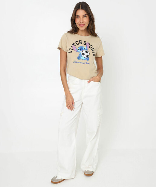 Blusa Feminina Estampa Stitch Manga Curta Disney Cinza