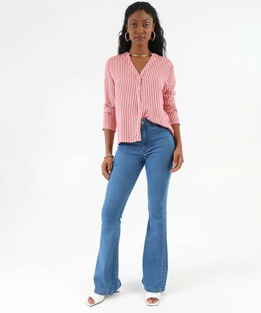 Camisa Feminina Listrada Manga Longa Marisa Bege