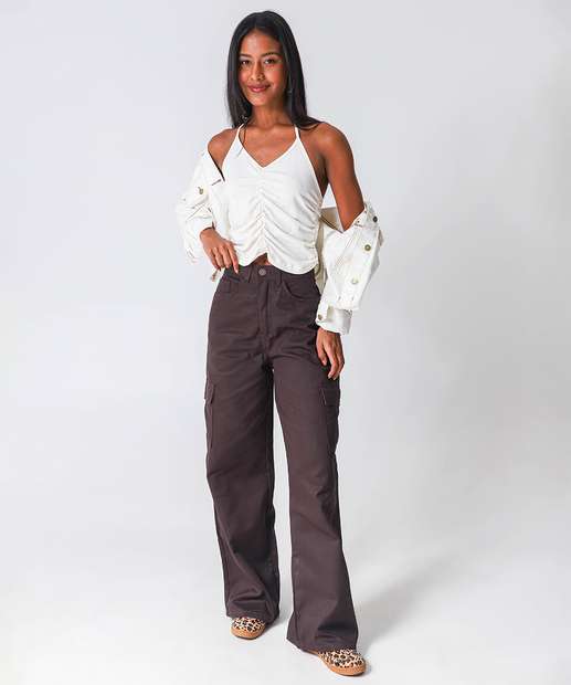 Image_Calça Sarja Wide Leg Bolsos Cargo Feminina