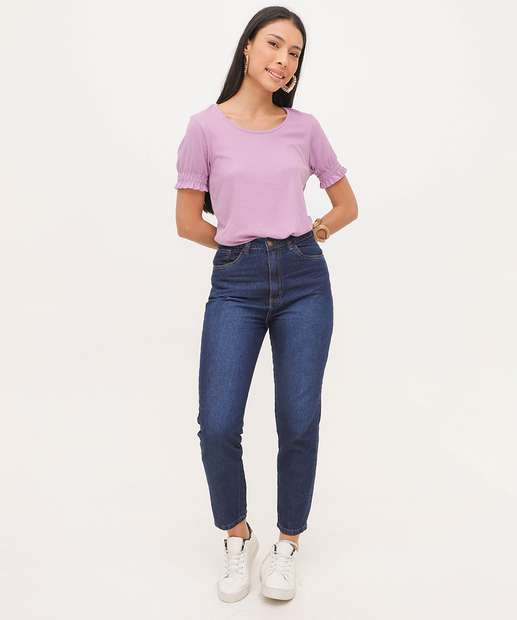 Calça Mom Jeans Cintura Alta Bolsos 