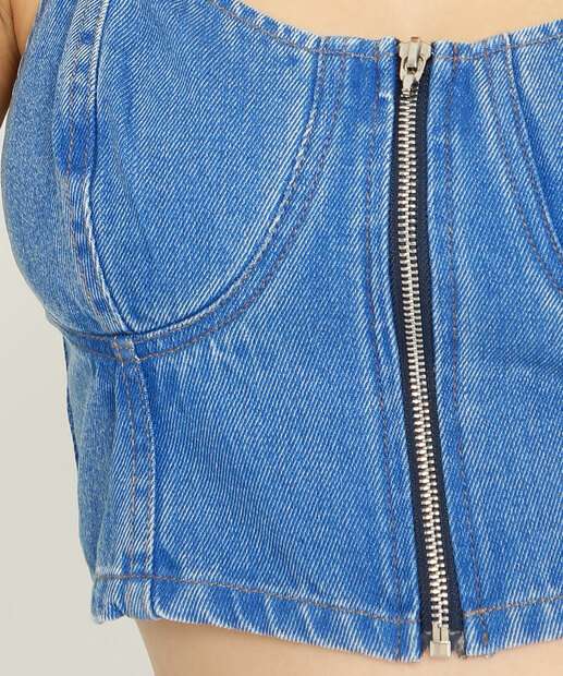 Blusa Cropped Feminina Jeans Zíper Marisa