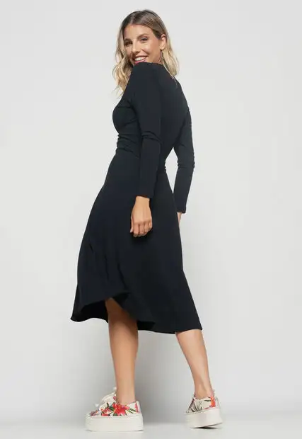 Cropped  Nó Manga Longa Canelada Preto Salvatore Fashion