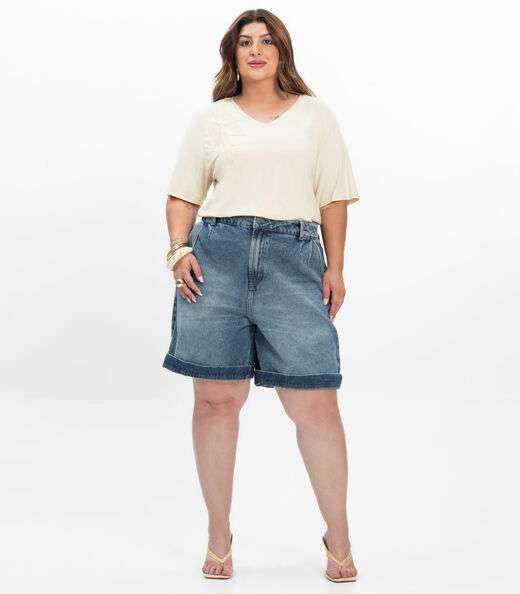 Blusa Manga Curta Feminina Plus Size Secret Glam Bege