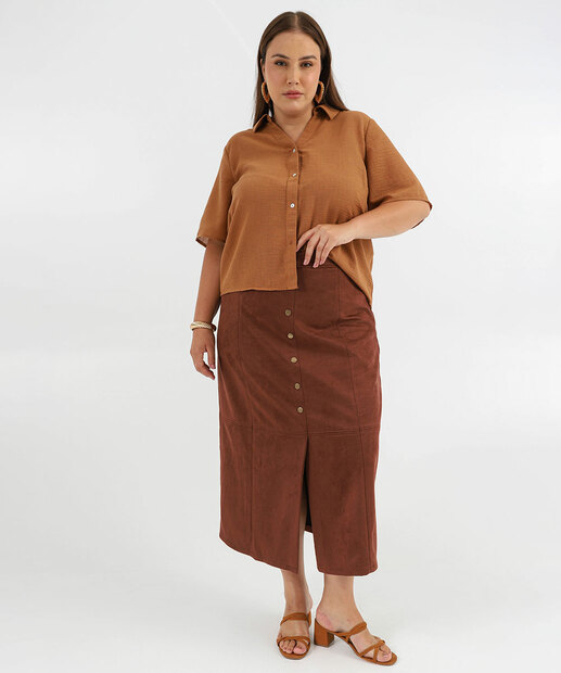 Image_Saia Midi Feminina Plus Size Botões Fenda Marisa Marrom