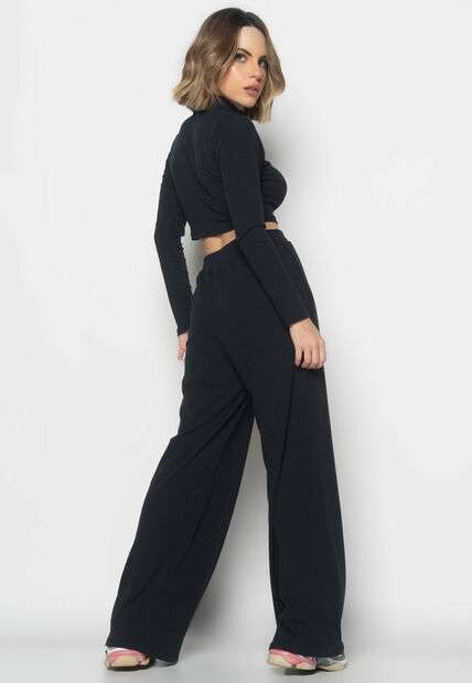 Conjunto Comfy Cropped Manga Longa e Calça Wide Leg Canelado Preto Salvatore Fas