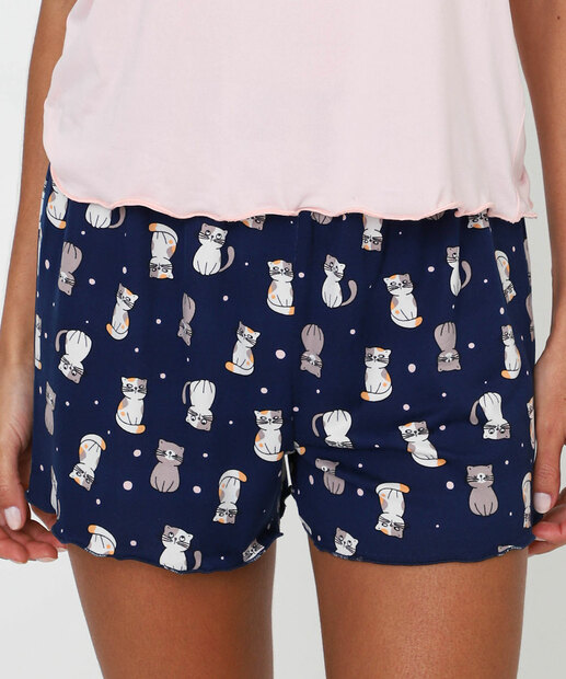 Pijama Feminino Estampa Gato Marisa Rosa