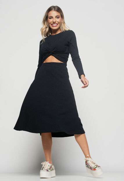 Cropped  Nó Manga Longa Canelada Preto Salvatore Fashion