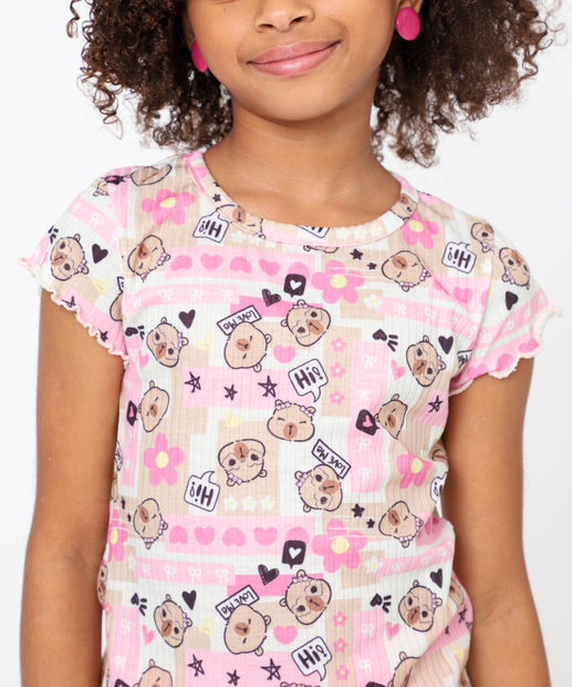 Conjunto Infantil Capivara Manga Curta Marisa Tam 4 a 10 Rosa
