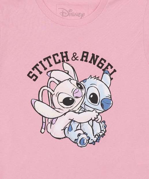 Camiseta Juvenil Manga Curta Stitch e Angel Disney Tam 10 a 16