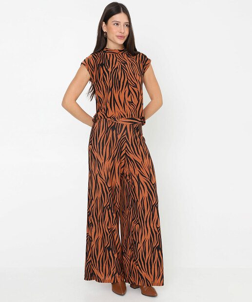 Blusa Feminina Animal Print Manga Curta Marisa Marrom