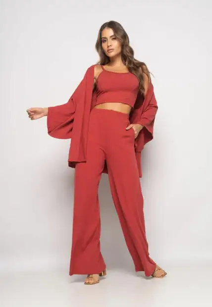 Conjunto Com Kimono, Cropped e Wide Leg Canelado Terra Salvatore