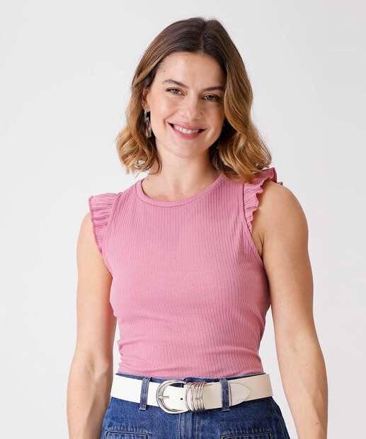 Blusa Regata Feminina Canelada Babado Marisa