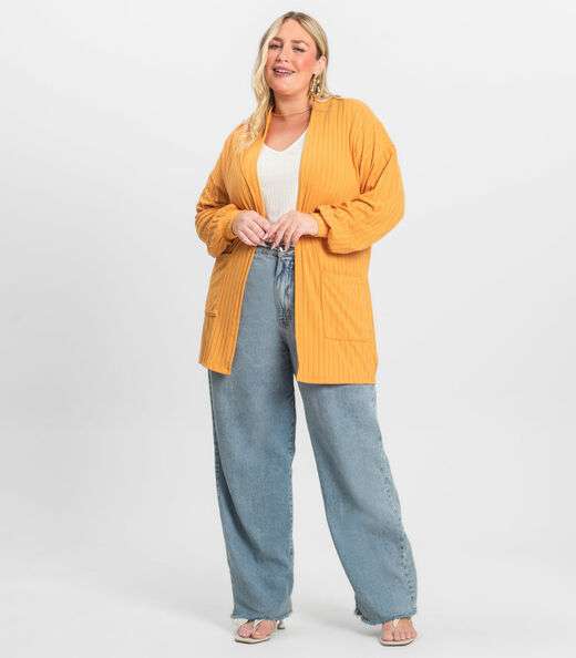 Cardigan Feminino Pluz Size Infinita Cor Amarelo
