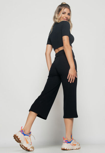 Kit 3 Croppeds  Gola Alta Comfy Malha Canelada Verde, Preto e Azul