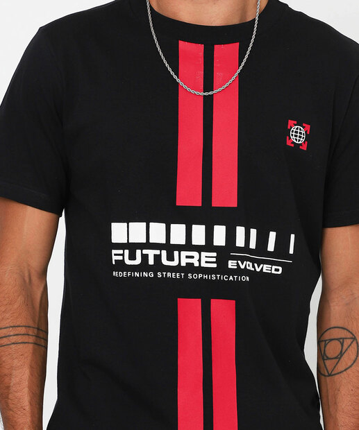 Camiseta Masculina Manga Curta Estampa Frontal Marisa Preto