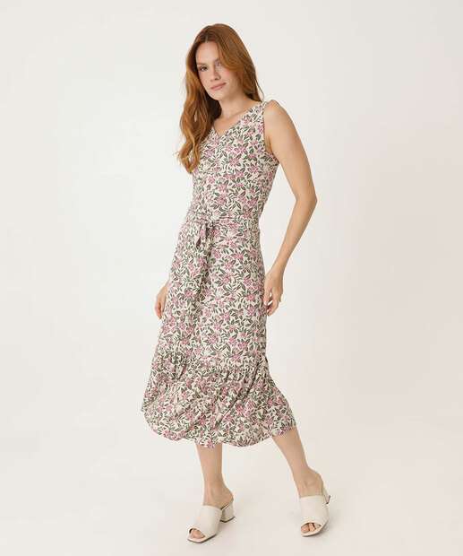Saia Midi Feminina Estampa Flores Babado Marisa
