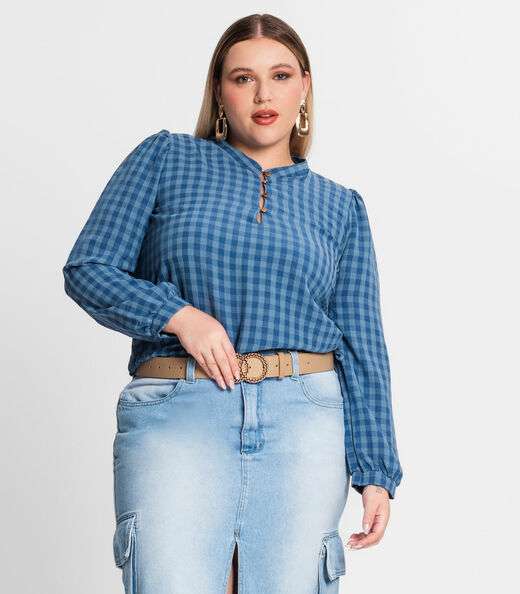 Image_Blusa Plus Size Em Air Flow Xadrez Secret Glam Azul