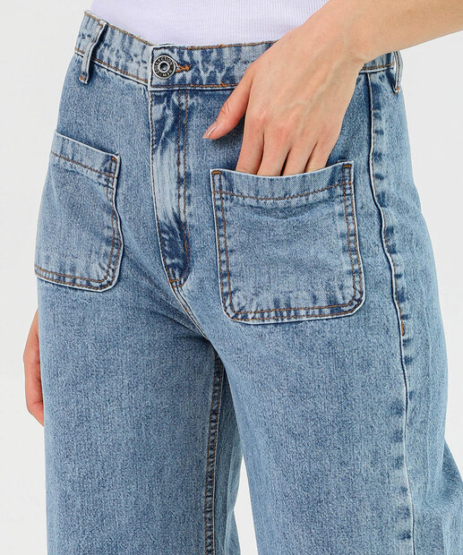 Calça Jeans Wide Leg Bolsos Feminina Azul