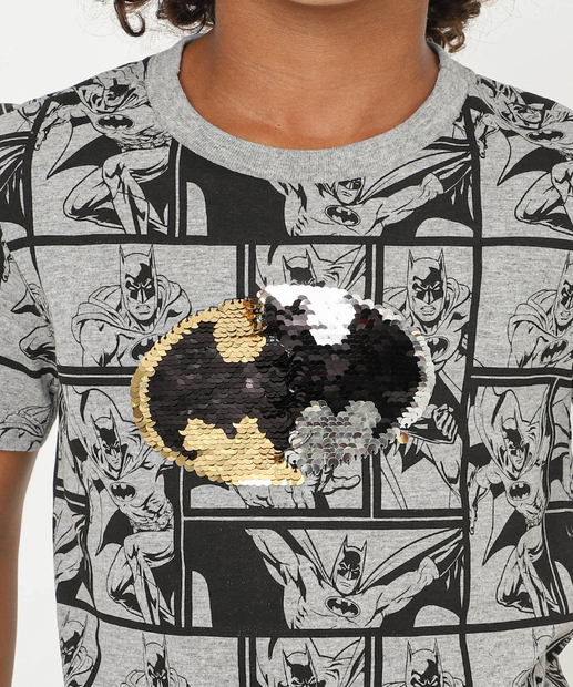 Camiseta Infantil Batman Paetê Warner Bros Tam 4 a 10 Cinza