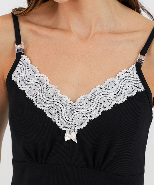 Camisola Gestante Canelado Recorte Renda Marisa Preto