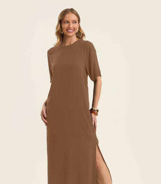 Vestido Feminino Midi em Twill Cey Rovitex Marrom