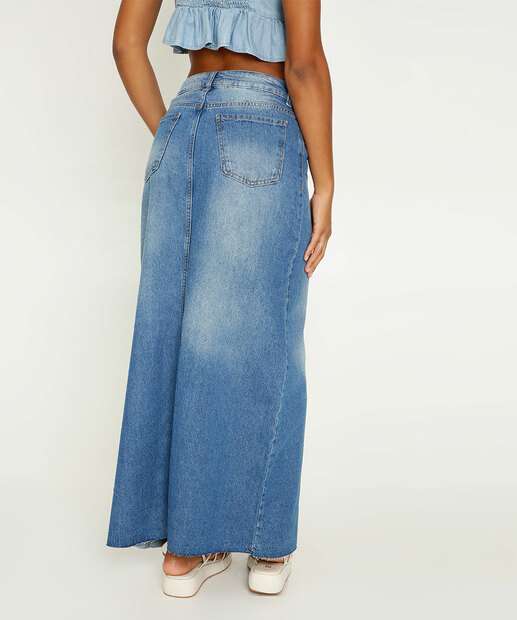 Saia Jeans Longa Feminina Bolsos Fenda Marisa