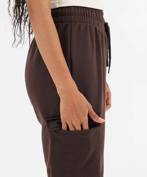 Calça Moletom Feminina Jogger Cargo Marisa Marrom
