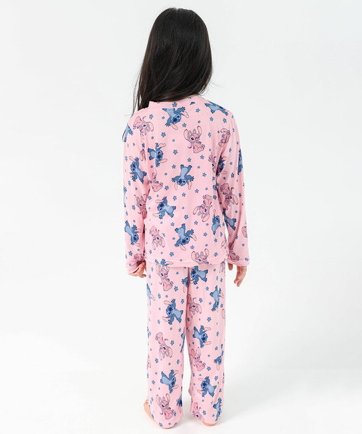 Pijama Infantil Stitch Manga Longa Tam 4 a 12 Rosa