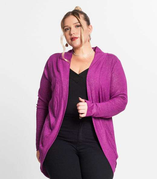Cardigan Plus Size Em Ribana Canelada Secret Glam Roxo