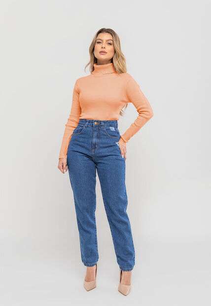 Blusa Tricot Modal Canelado Gola Rolê Laranja Salvatore