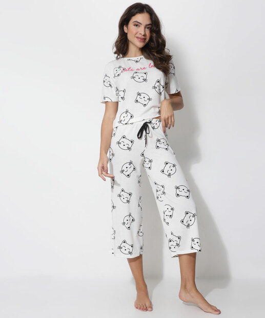 Pijama Feminino Gato Manga Curta Marisa