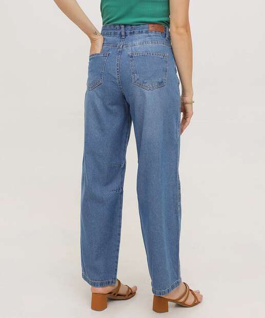 Calça Jeans Barrel Feminina Bolsos