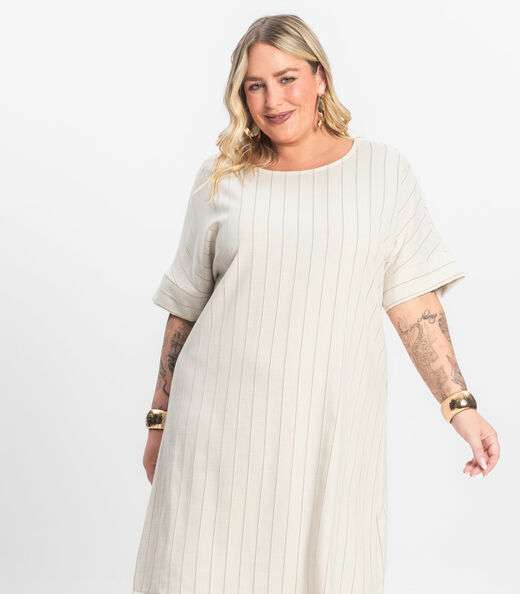 Vestido Plus Size em Visco Listras Secret Glam Bege