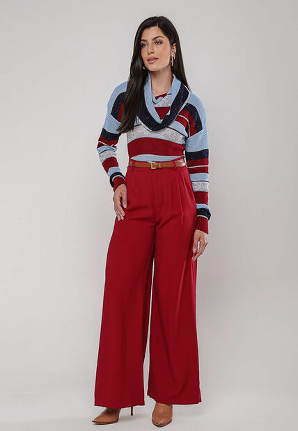 Blusa de Tricot Boton? Listrada com Gola Ampla Vermelho e Azul Salvatore