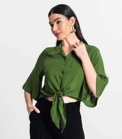 Camisa Feminina Cropped Com Nó Select Verde