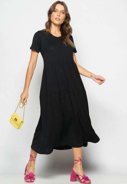 Image_Vestido Midi Manga Curta Com Babado Preto Salvatore