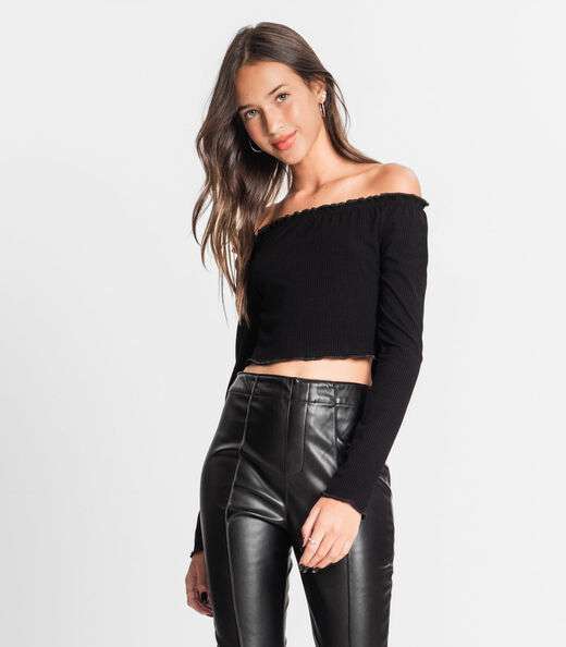 Blusa Juvenil Feminina Manga Longa Canelada Minty Preto