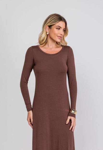 Vestido Longo Manga Longa Malha Marrom Salvatore Fashion