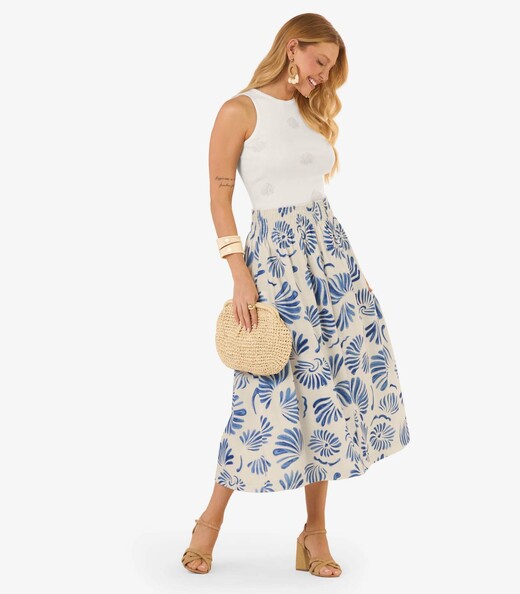 Saia Midi Feminina Meia Malha Estampada Rovitex Azul