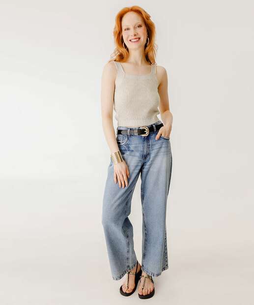 Blusa Cropped Regata Feminina Tricô Marisa Bege