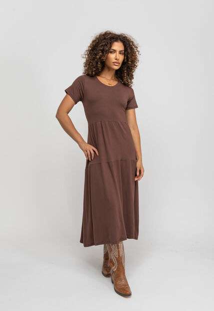 Vestido Midi Manga Curta Com Babado Marrom Salvatore