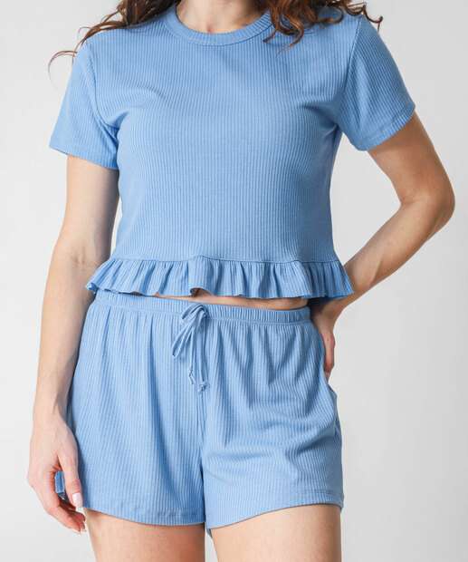 Pijama Feminino Canelado Babado Marisa Azul