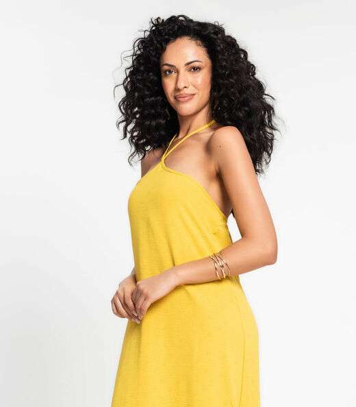 Vestido Midi De Alça E Babados Em Air Flow Rovitex Amarelo