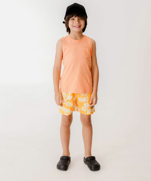 Bermuda Infantil Estampa Folhagem MR Tam 4 a 10 Laranja