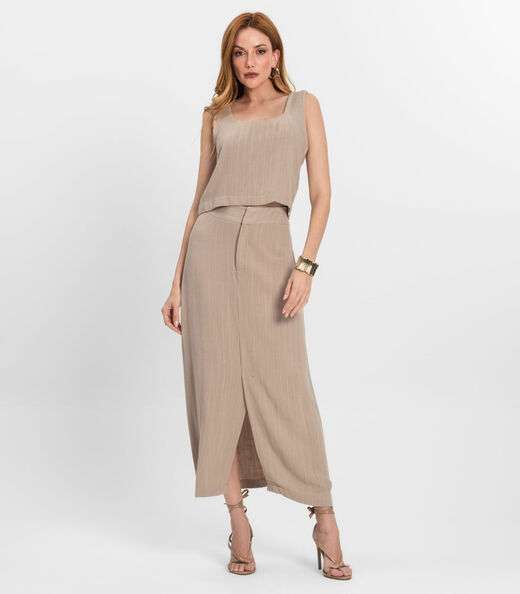Saia Midi Feminina Em Linho Fio Tinto Endless Marrom