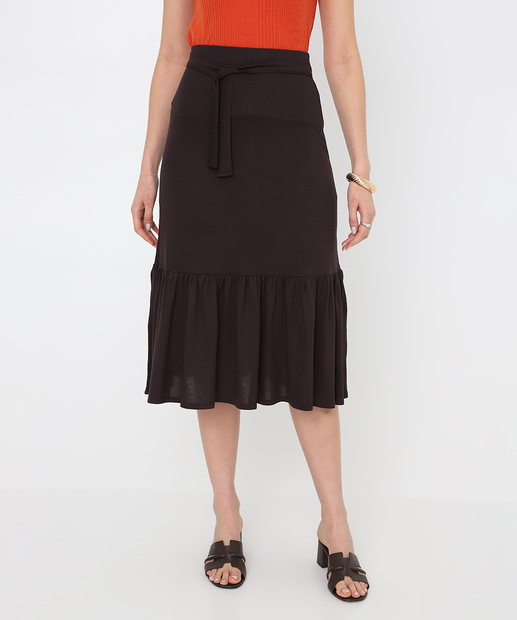 Saia Midi Feminina Babado Marisa Marrom