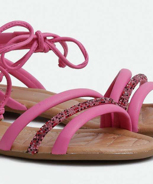 Sandália Feminina Rasteira Strass Amarração Mississipi