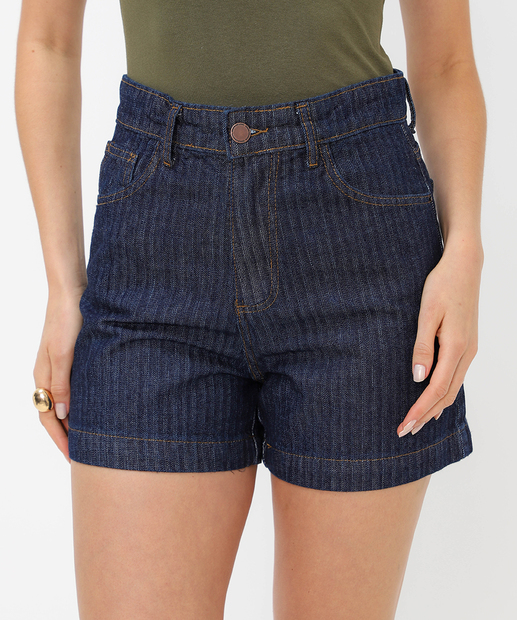 Short Jeans Feminino Listras Bolsos Azul