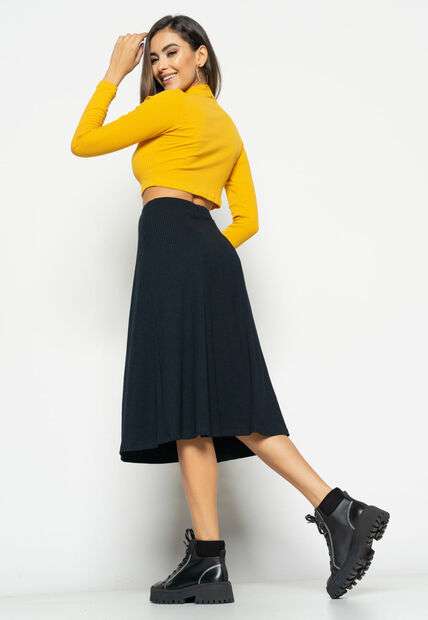 Cropped  Gola Alta Manga Longa Comfy Malha Canelada Mostarda