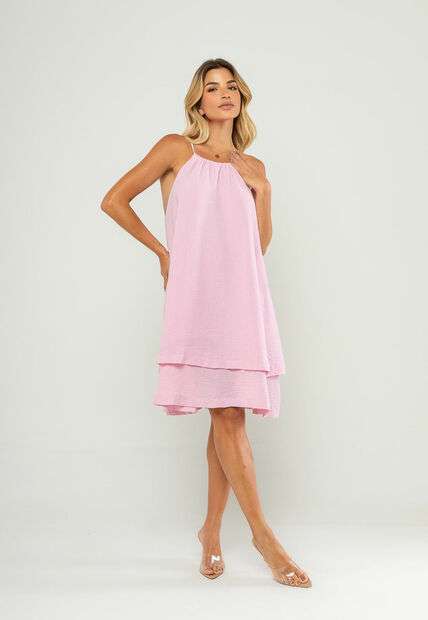 Vestido Curto Com Alças Finas e Babado Duplo Rosa Salvatore